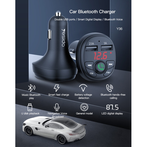 Y36 MP3 Music Audio Player Handsfree 12V 24V FM Transmitter USB Disk Car Charger
