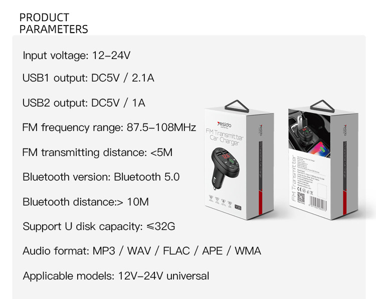 Y36 Bluetooth FM Convert Car Charger Parameter