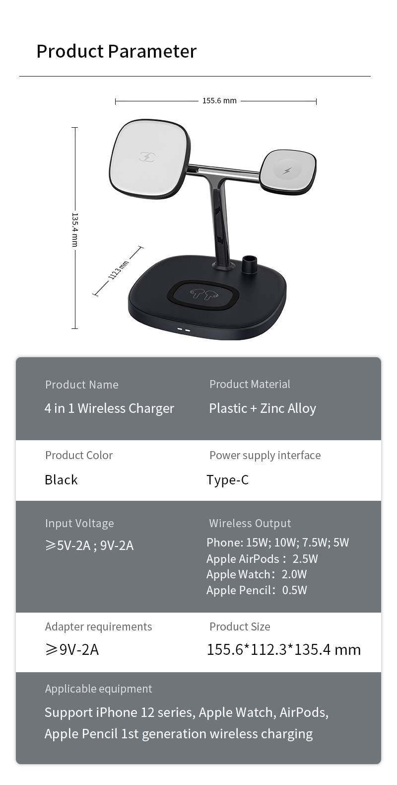 DS12 4 in 1 15W Wireless Charging Dock Parameter