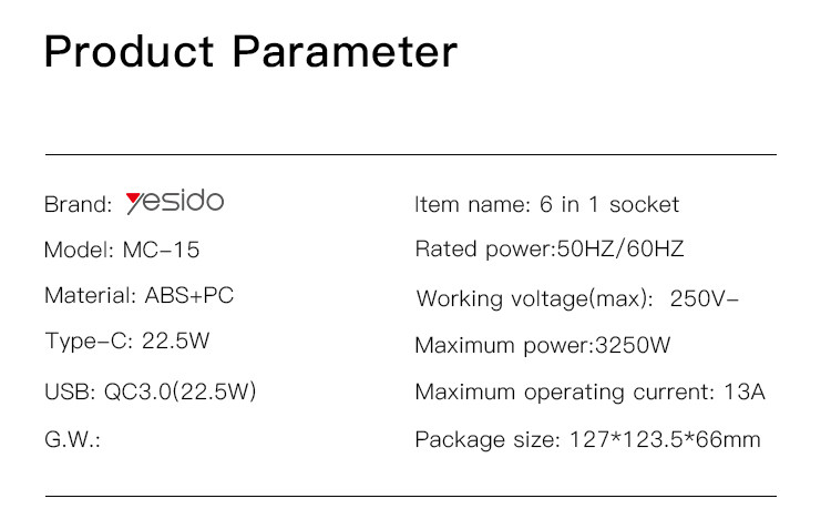 MC15 2 Meter 6 IN 1 Power Socket Hub Parameter