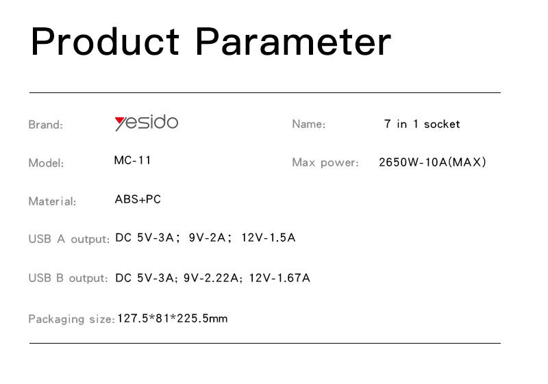 MC11 2 Meter 7 IN 1 Power Socket Parameter