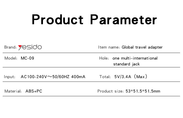 MC09 Universal Charger Plug Adapter Parameter