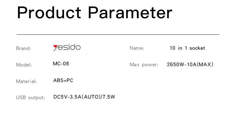 MC08 2 Meter 10 IN 1 Power Socket Parameter