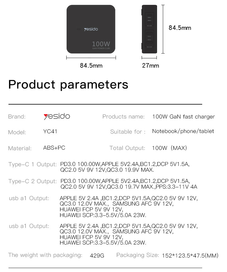 YC41 100W GaN Fast Charging Charger Parameter