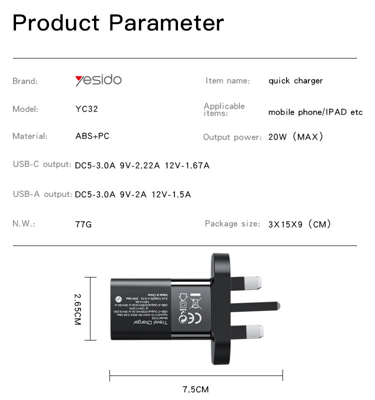 YC32 20W Dual Ports Fast Charging Charger Parameter