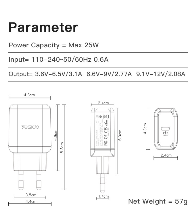 YC29 25W Type-C Port Fast Charging Charger Parameter