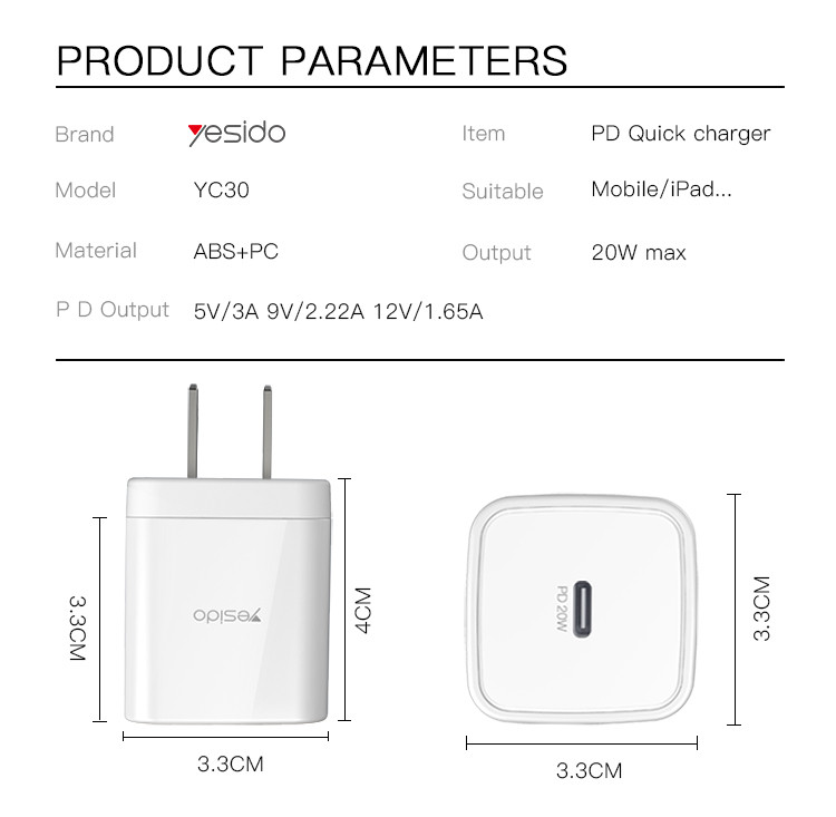 YC30 20W Type-C Port Fast Charging Charger Parameter