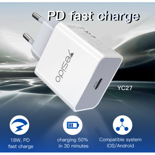 YC27 White Adapter EU Plug PD2.0 18W Fast Charging Smart Phone Travel Portable Charger
