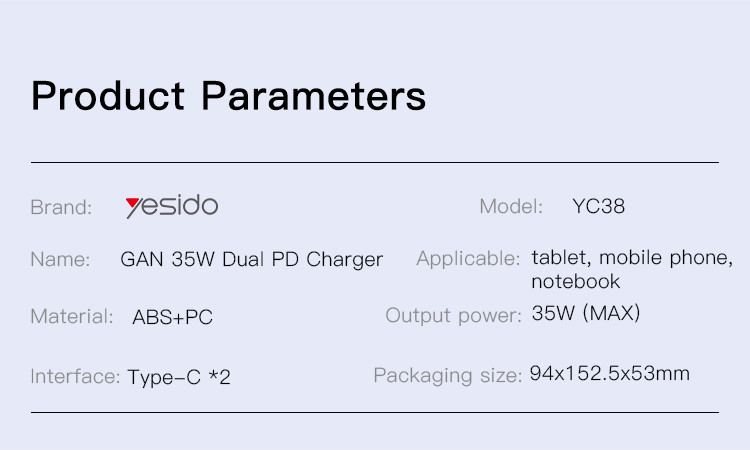 YC38 35W GaN Fast Charging Wall Charger Parameter