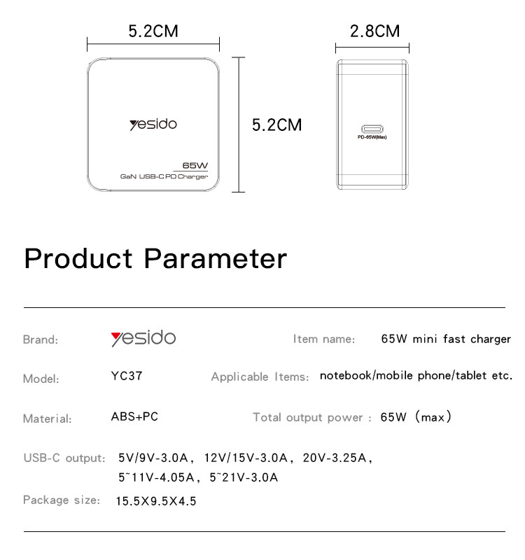 YC37 65W GaN Fast Charging Wall Charger Parameter