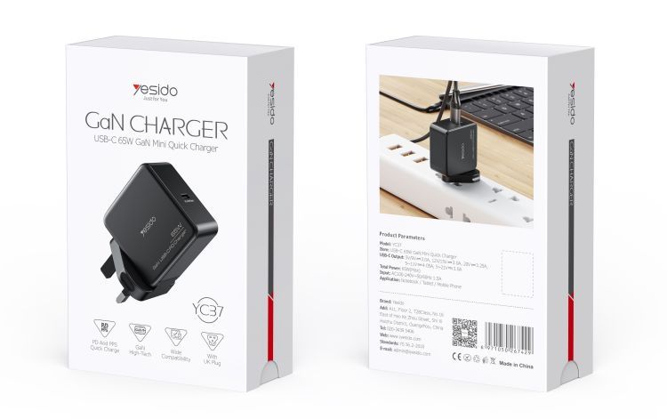 YC37 65W GaN Fast Charging Wall Charger Packaging