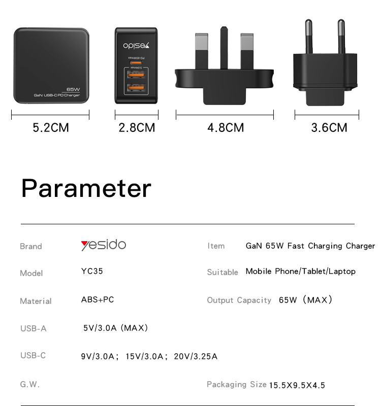 YC35 65W GaN Fast Charging Wall Charger Parameter