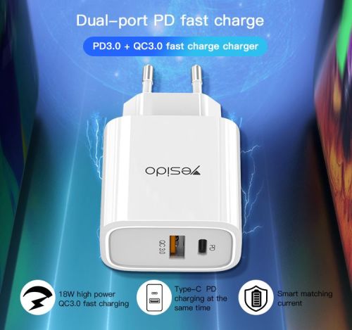 YC24 Dual Ports 18W Charging Wall Travel Charger Portable Fast Charging PD Phone Charger For Iphone