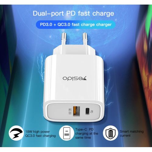 YC24 Dual Ports 18W Charging Wall Travel Charger Portable Fast Charging PD Phone Charger For Iphone