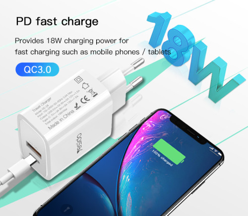 YC24 Dual Ports 18W Charging Wall Travel Charger Portable Fast Charging PD Phone Charger For Iphone