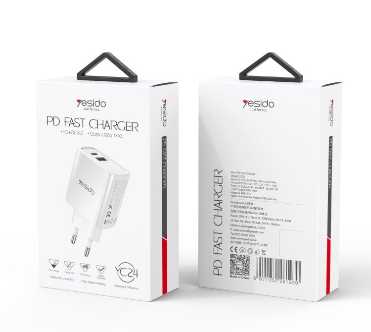 YC24 Dual Ports Fast Charging Wall Charger Packaging