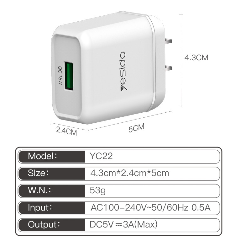 YC22 USB Port Fast Charging Wall Charger Parameter