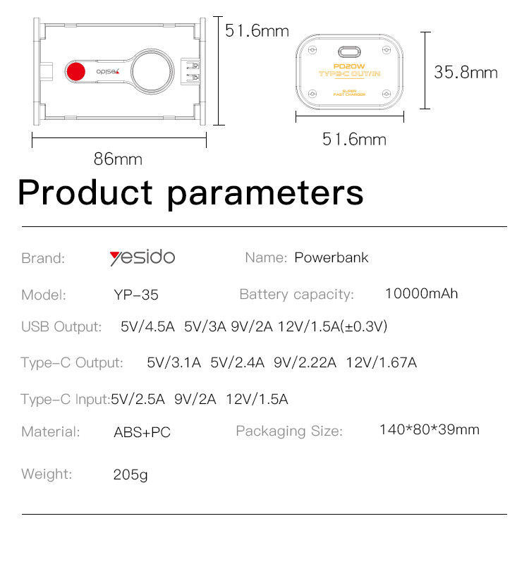 YESIDO YP35 10000mAh Power Bank Parameter