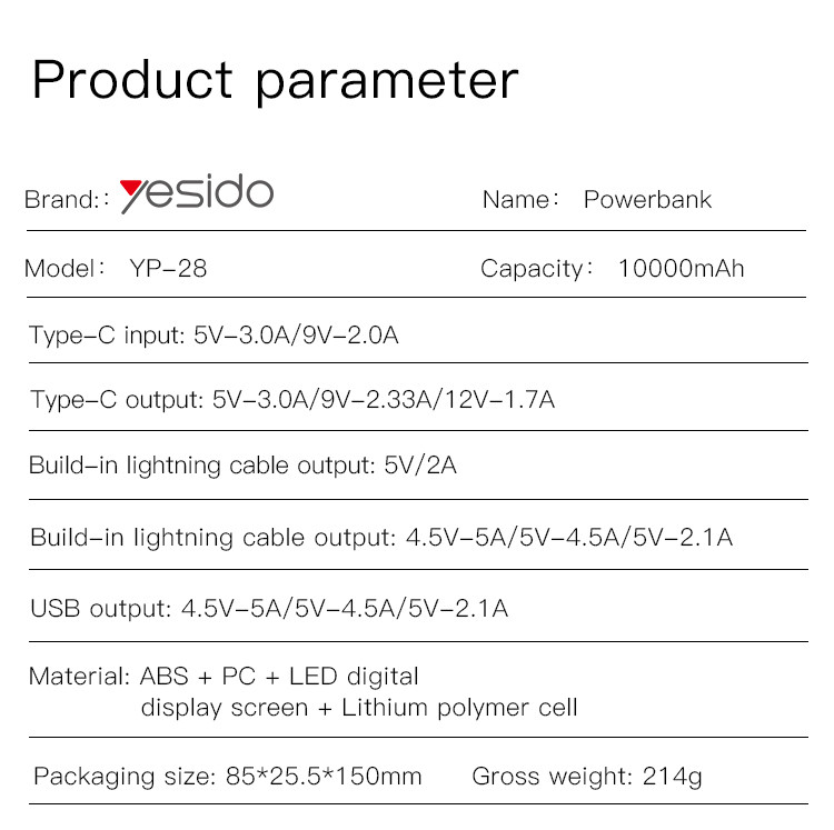 YESIDO YP28 10000mAh Power Bank Parameter
