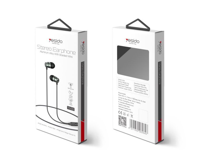 YH32 3.5mm in-ear Stereo Wired Earphone Packaging