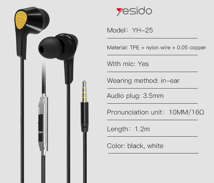 YH25 3.5mm in-ear Stereo Wired Earphone Parameter