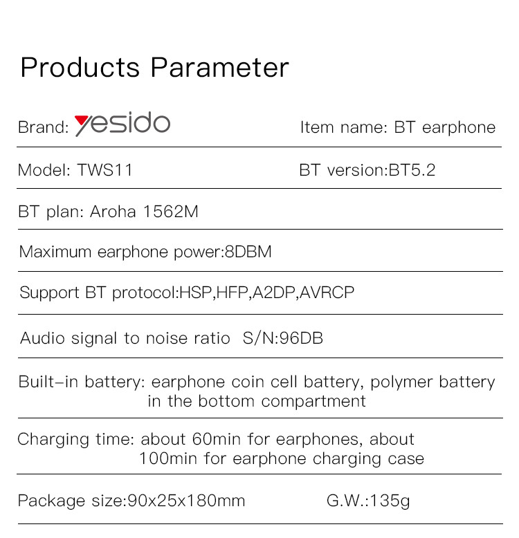 TWS11 In-ear True Wireless Earphone Parameter