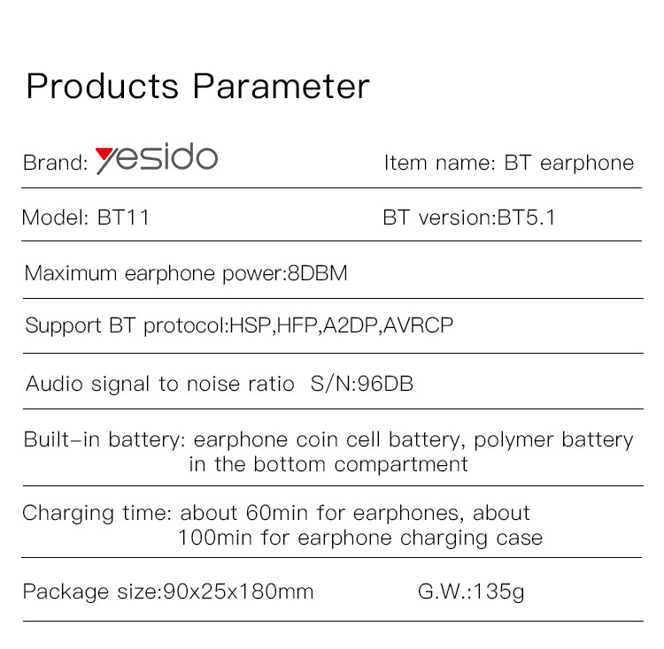 BT11 In-ear True Wireless Earphone Parameter