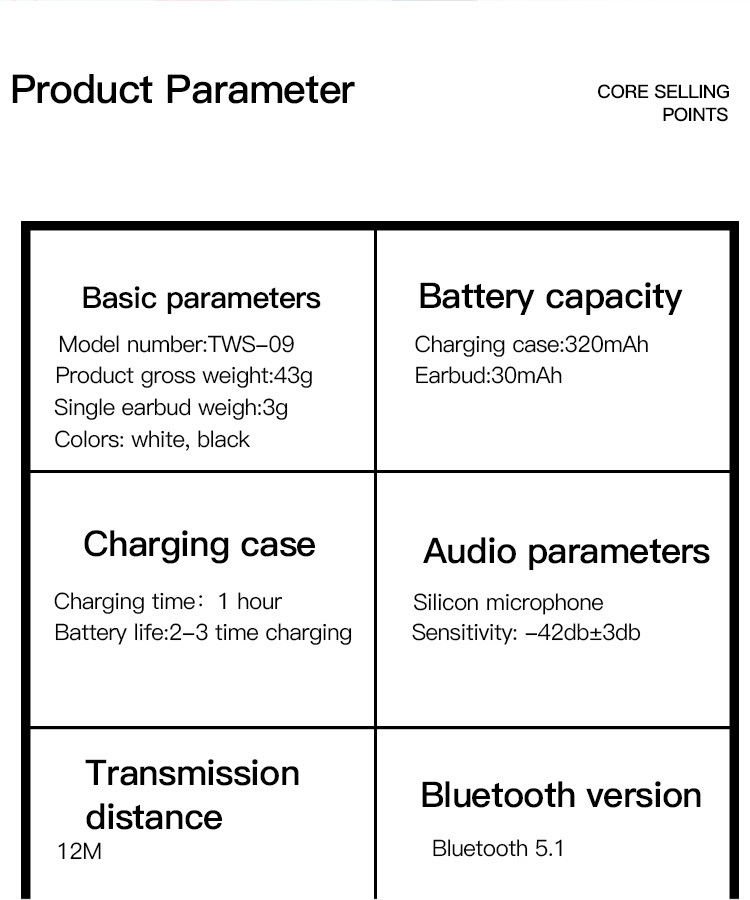 TWS09 In-ear True Wireless Earphone Parameter