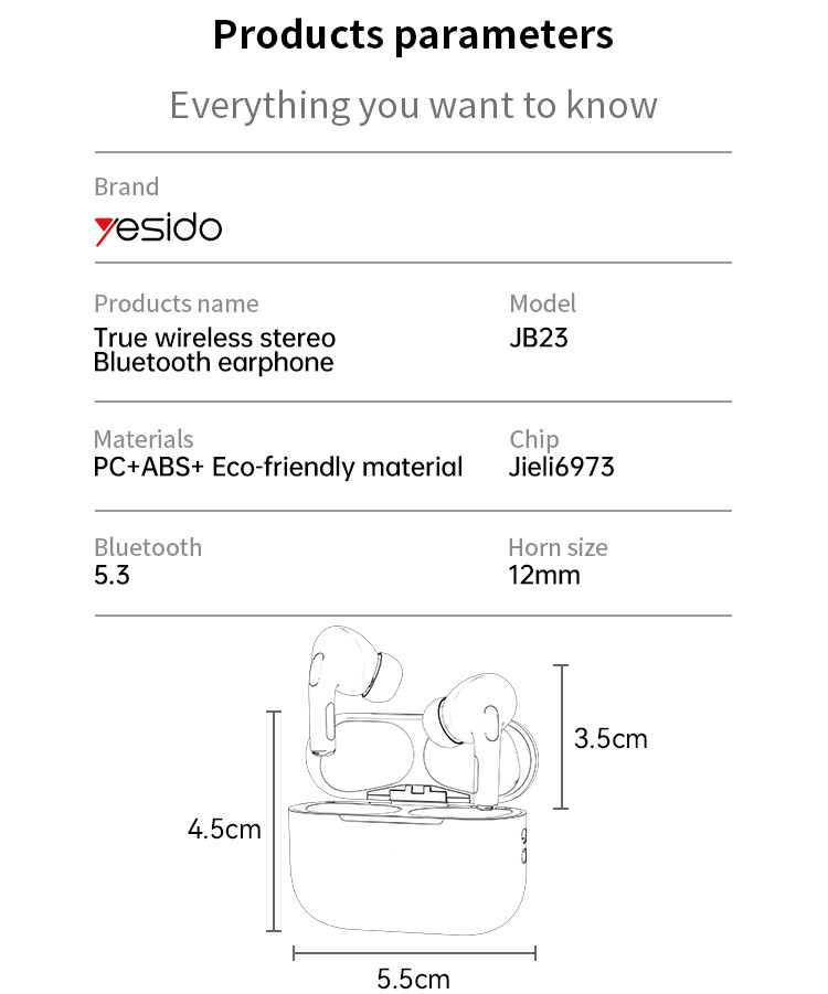 JB23 TWS Wireless Bluetooth Earphone Parameter