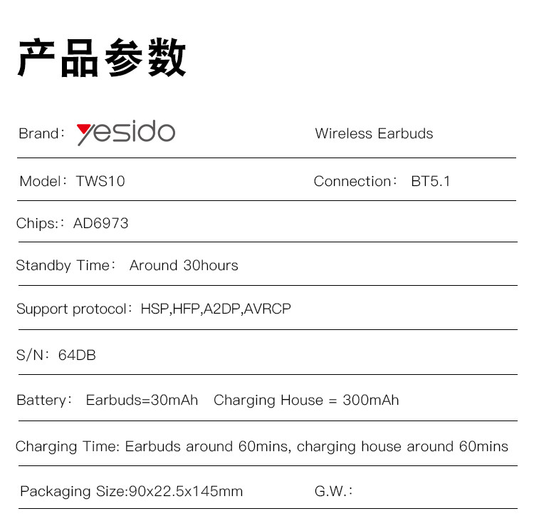 TWS10 Wireless Bluetooth Earphone Parameter