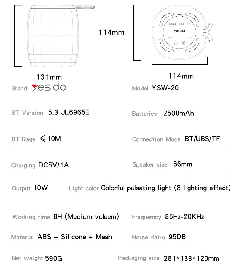 Yesido YSW20 With RGB Light 10W Wireless Speaker Parameter