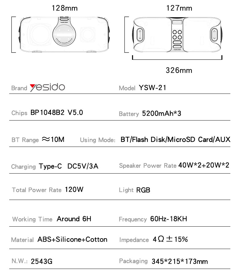 Yesido YSW21 With RGB Light 120W Wireless Speaker Parameter