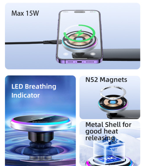 C292 360 Free Rotating LED Breathing Indicator Light Max 15W Fast Charging Wireless Phone Holder