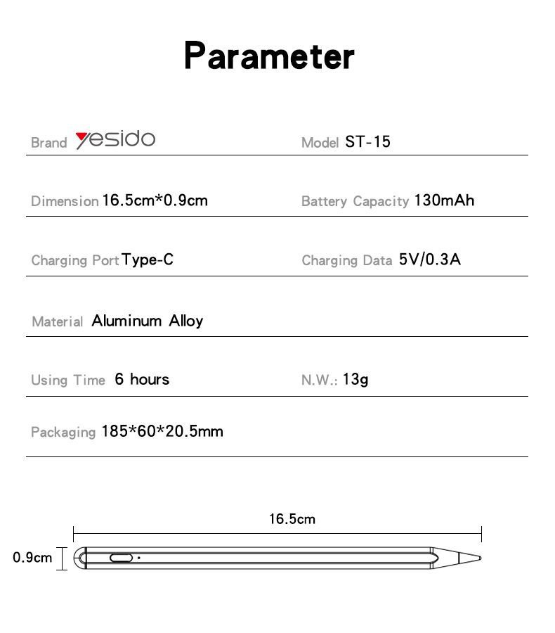 Yesido ST15 Type-C Plug Active Stylus Pen Parameter