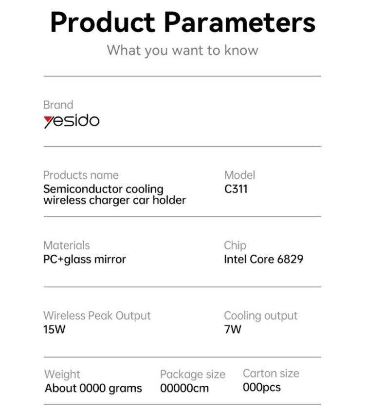 C311 Semiconductor Cooling Wireless Charging Phone Holder Parameter