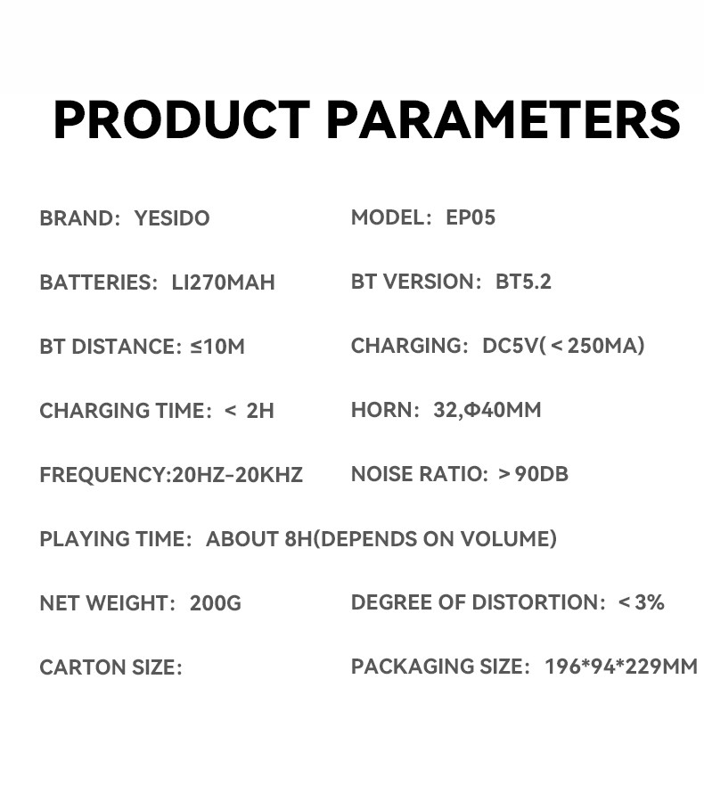 EP05 Wireless Bluetooth Headset Parameter