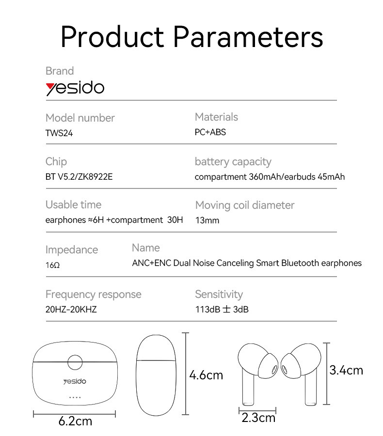 TWS24 ANC & ENC Noice-Cancelling TWS Earphone Parameter