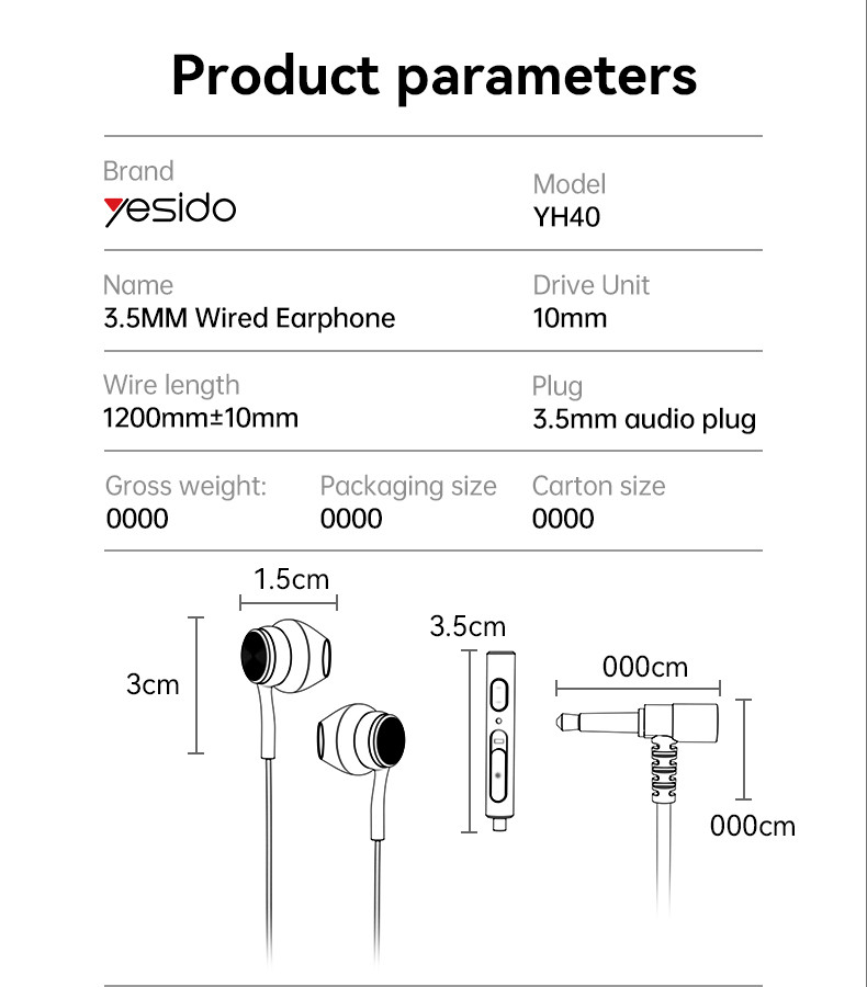 YESIDO YH40 3.5mm In-ear Wired Earphone Parameter