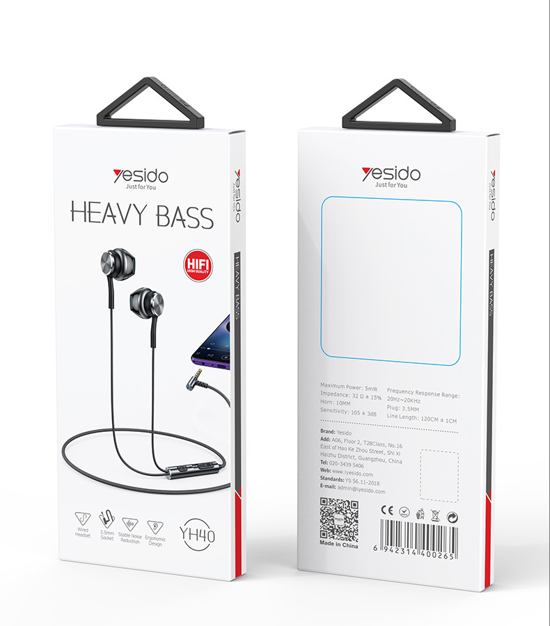 YESIDO YH40 3.5mm In-ear Wired Earphone Packaging