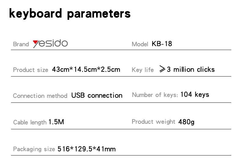 Yesido KB18 Wired Keyboard And Mouse Set Parameter
