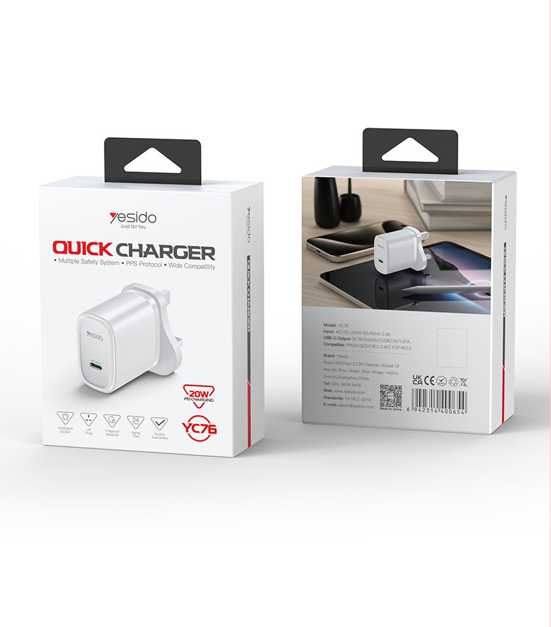 YC76 20W Fast Charging With Cable Charger Packaging