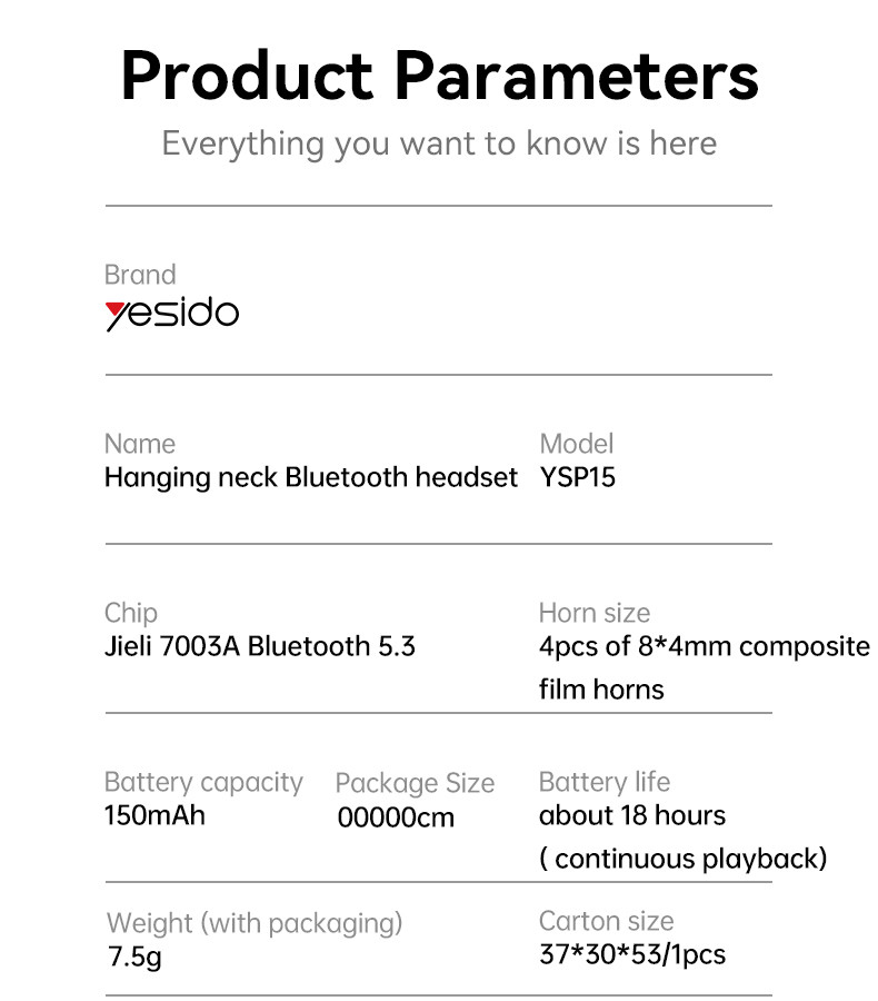 YSP15 Hanging Neckband Dual Dynamic Bluetooth Earphone Parameter