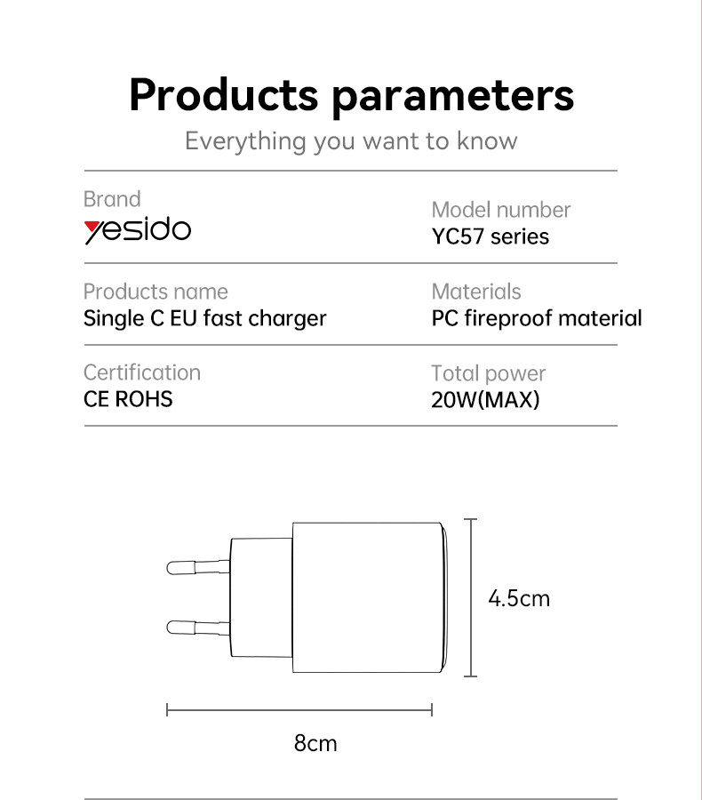 YC57 20W Fast Charging With Cable Charger Parameter