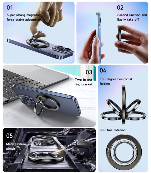 C205 360 Free Rotation Built-in N52 Magnets Double Ring Metal Folding Ring Phone Holder