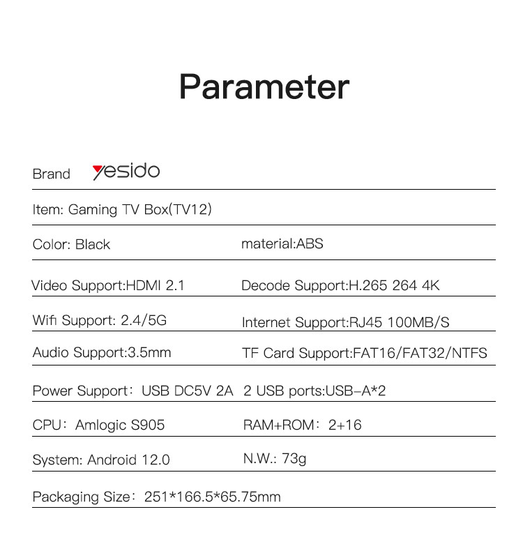 TV12 Wireless Control Game & TV Box Parameter