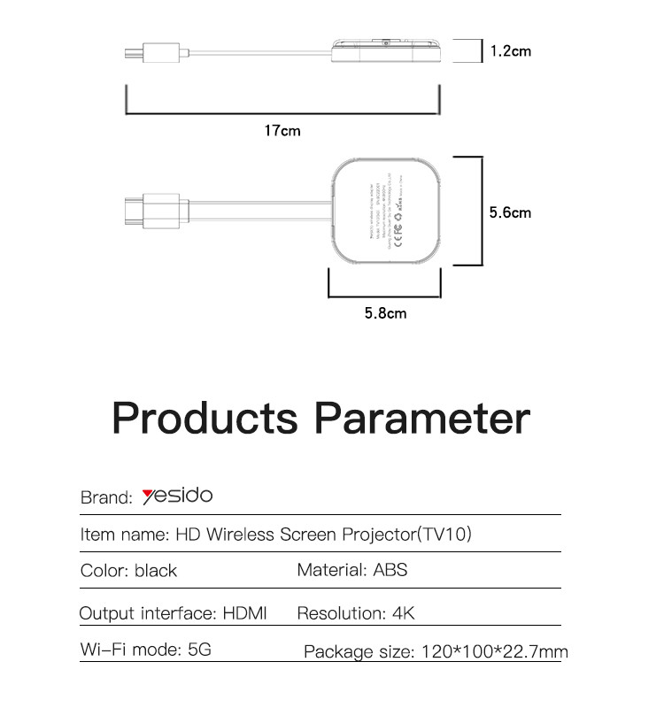 Yesido TV10 HD Wireless Screen Projector Parameter