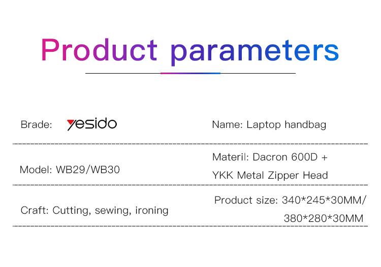 Yesido WB30 16 Inch Laptop Bag Parameter