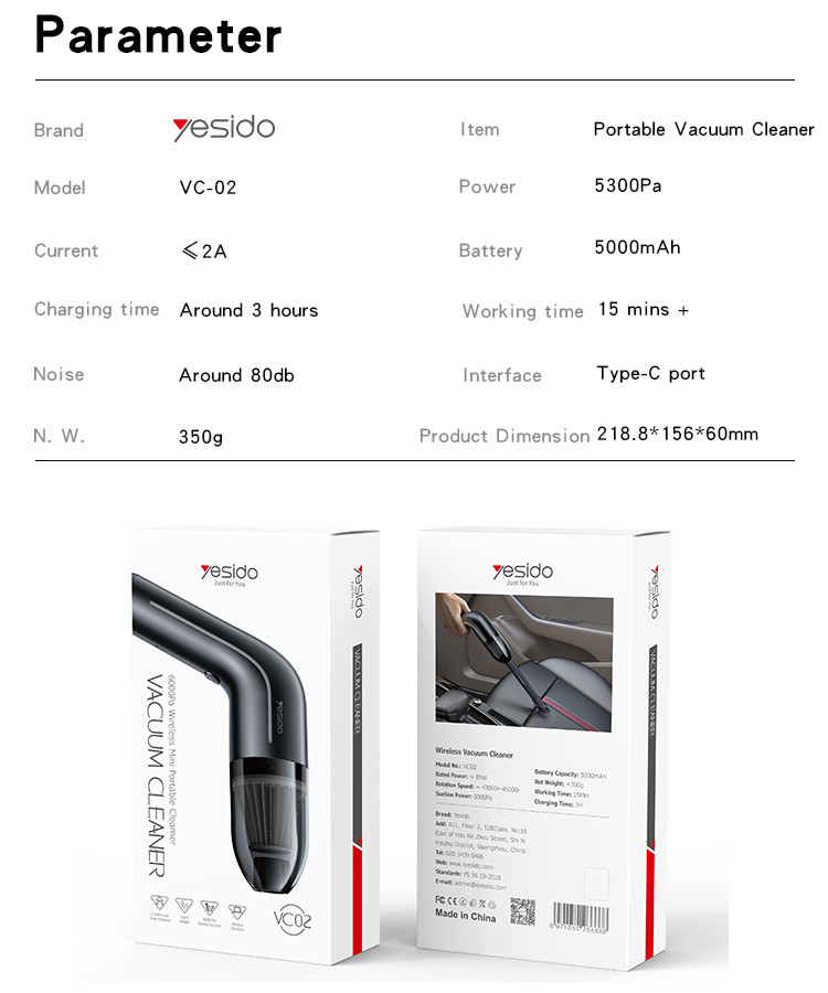 Yesido VC02 Handheld Auto Vacuum Cleaner Parameter