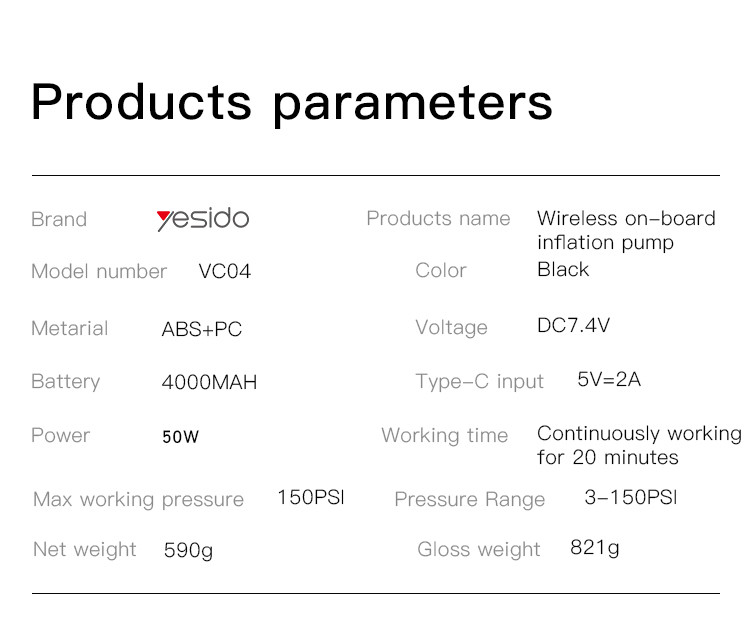 Yesido VC04 Car Mounted Inflation Pump Parameter