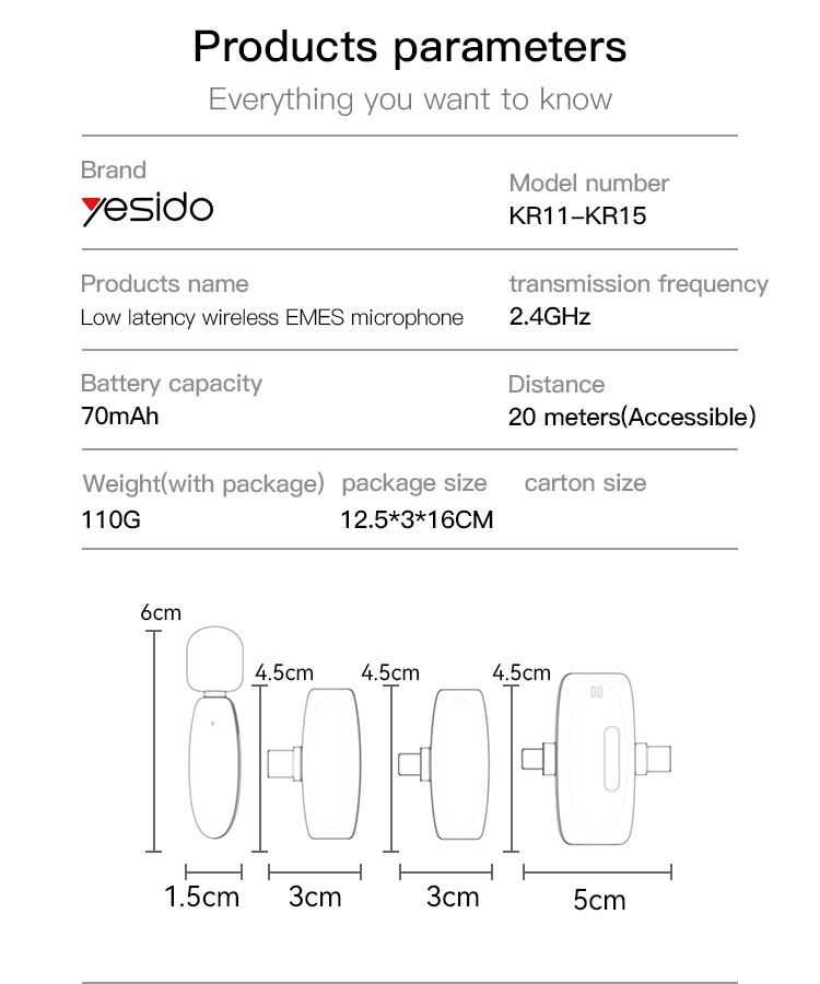 Yesido KR13 Type-C 2 Wireless MEMS Microphone Parameter